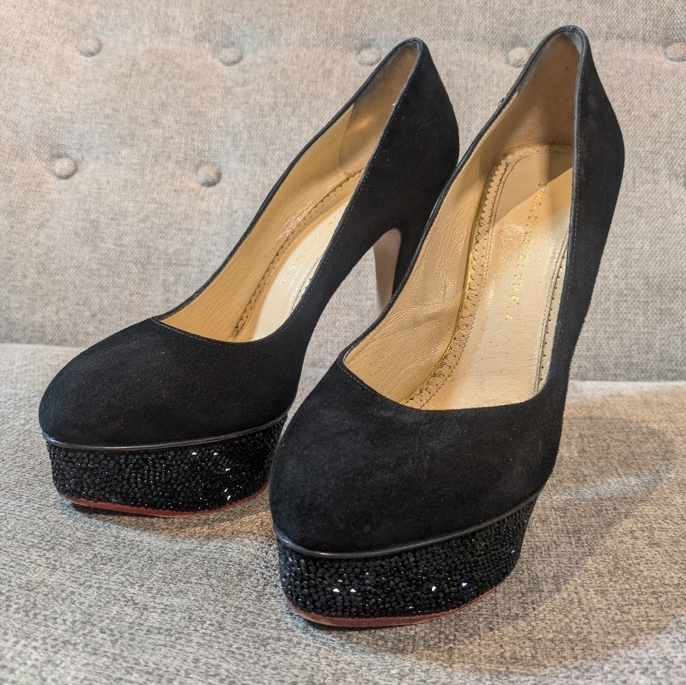 Charlotte Olympia Black Suede Crystal Platform Pumps EU 40 US 9.5